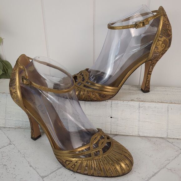 Bebe Gold Strappy Brocade Floral Sparkle Stiletto Heels Size 9.5 M Coquette - Picture 5 of 12
